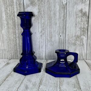 Vintage Cobalt Blue Glass Candle Holders Set of Two